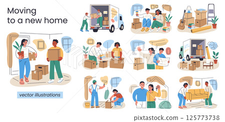 Vector collection of scenes about moving, buying and preparing new home. People pack boxes, carry furniture, load truck, paint walls, plan renovation, hold house keys. Cartoon illustrations set 125773738