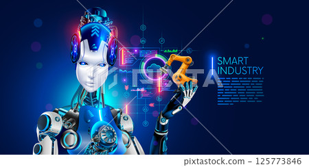 AI management work robots on factory. Humanoid robot or cyborg with artificial intelligence or AI controls industry robotic arms on factory or manufacture. Industry 4.0. AI technologies in industrial 125773846