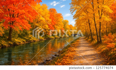 秋葉沿河長廊和藍天 秋葉沿河長廊和藍天 125774074