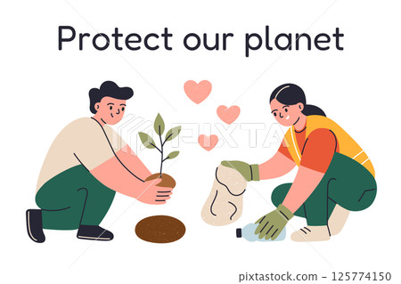 Flat cartoon poster with eco volunteers planting trees and cleaning up nature. Environmental activism, ecology protection poster, save the planet concept, banner with vector illustration 125774150