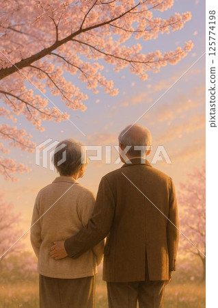 一對日本老夫妻仰望櫻花的背影 125774198