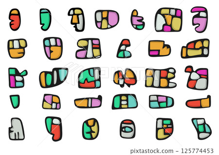 Colorful abstract stickers representing various shapes and symbols. 125774453