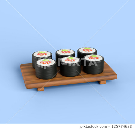3d sushi rolls on wooden stand tamaki dai. Traditional Japanese cuisine dish with salmon, avocado, cream cheese, rice, nori. Japan food, asian restaurant menu, realistic render icon. 3D illustration 3d sushi rolls on wooden stand tamaki dai. Traditional Japanese cuisine dish with salmon, avocado, cream cheese, rice, nori. Japan food, asian restaurant menu, realistic render icon. 3D illustration 125774688