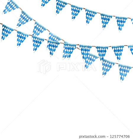 Flags with blue rhombus on white background hanging on rope frame. Triangular pennant garland on Oktoberfest beer festival. Watercolor painted isolated illustration for Bavarian card, banner template 125774706
