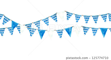 Flags on the rope. Blue, rhombus and white triangular pennant seamless pattern of Bavarian flag elements. Oktoberfest Germany festival garland. Watercolor painted illustration Isolated from background 125774710