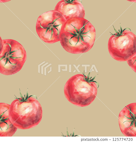 Red tomatoes vegetables seamless pattern Realistic watercolor hand drawn illustration Whole ripe fruit with green stalk. Farming food for fabric, label packaging on Isolated pastel coloured background 125774720