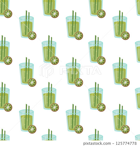 Seamless Pattern with Fruit Kiwi cocktail in glass with straw. Fresh summer drink. Vector illustration. 125774778