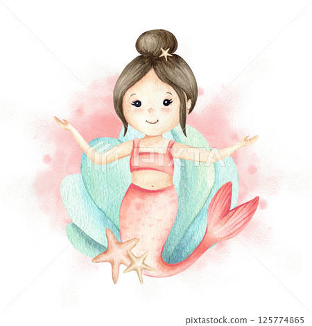 Mermaid little girl with updo hairstyle, mint seashell, starfishes on pastel pink Watercolor spot. Cute character for children's concept design. Hand drawn illustration isolated from background Mermaid little girl with updo hairstyle, mint seashell, starfishes on pastel pink Watercolor spot. Cute character for children's concept design. Hand drawn illustration isolated from background 125774865