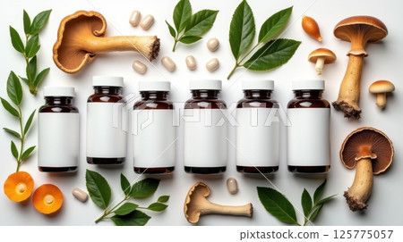 Assorted mushroom supplement bottles and capsules with fresh reishi, lion mane, chaga, maitake, shiitake, green leaves, bright background, no people. Assorted mushroom supplement bottles and capsules with fresh reishi, lion mane, chaga, maitake, shiitake, green leaves, bright background, no people. 125775057
