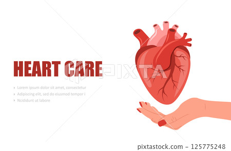 Heart care. Female hands hold human heart. Cardiology and circulatory system diseases. Vector illustration in flat cartoon style Heart care. Female hands hold human heart. Cardiology and circulatory system diseases. Vector illustration in flat cartoon style 125775248