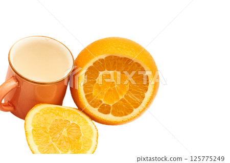 Juicy fresh oranges,cup on white.Ready to eat,drink,cook 125775249