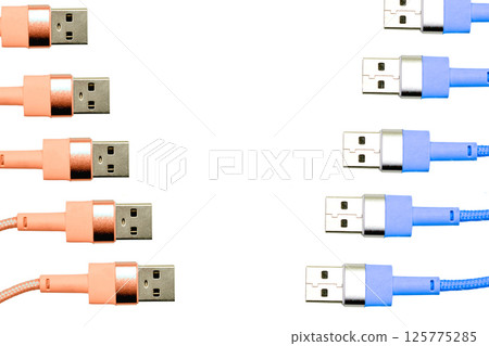 Orange blue usb cables for connection on white 125775285