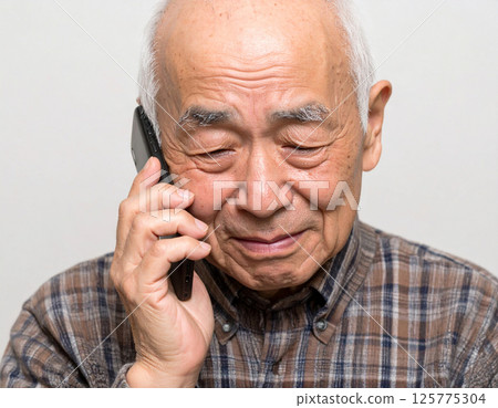 Sad elderly man talking on the phone 125775304