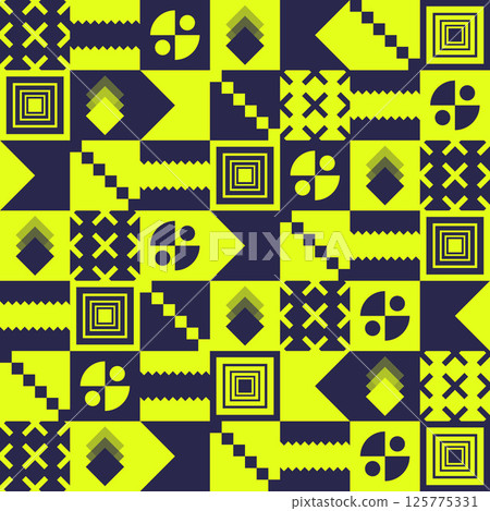 Abstract Geometric Background. Neo Geo Pattern. Abstract Pattern Trendy with Square and Round Colored. Neo Geo Seamless Pattern Design Can Be Used For Wrapping Paper, Packaging, Wallpaper, Cover, post 125775331