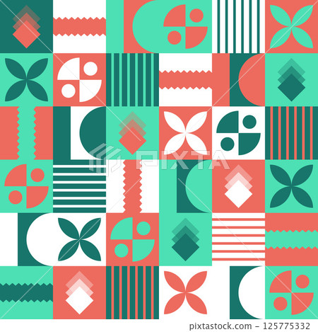 Abstract Geometric Background. Neo Geo Pattern. Abstract Pattern Trendy with Square and Round Colored. Neo Geo Seamless Pattern Design Can Be Used For Wrapping Paper, Packaging, Wallpaper, Cover, post 125775332