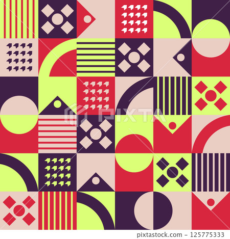 Abstract Geometric Background. Neo Geo Pattern. Abstract Pattern Trendy with Square and Round Colored. Neo Geo Seamless Pattern Design Can Be Used For Wrapping Paper, Packaging, Wallpaper, Cover, post Abstract Geometric Background. Neo Geo Pattern. Abstract Pattern Trendy with Square and Round Colored. Neo Geo Seamless Pattern Design Can Be Used For Wrapping Paper, Packaging, Wallpaper, Cover, post 125775333