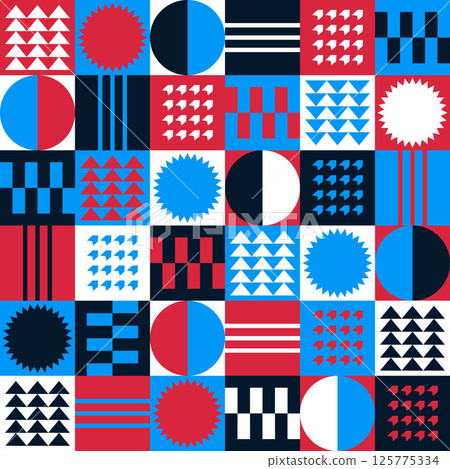 Abstract Geometric Background. Neo Geo Pattern. Abstract Pattern Trendy with Square and Round Colored. Neo Geo Seamless Pattern Design Can Be Used For Wrapping Paper, Packaging, Wallpaper, Cover, post 125775334