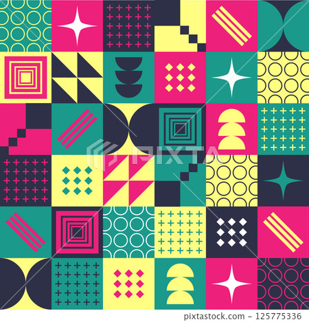 Abstract Geometric Background. Neo Geo Pattern. Abstract Pattern Trendy with Square and Round Colored. Neo Geo Seamless Pattern Design Can Be Used For Wrapping Paper, Packaging, Wallpaper, Cover, post Abstract Geometric Background. Neo Geo Pattern. Abstract Pattern Trendy with Square and Round Colored. Neo Geo Seamless Pattern Design Can Be Used For Wrapping Paper, Packaging, Wallpaper, Cover, post 125775336