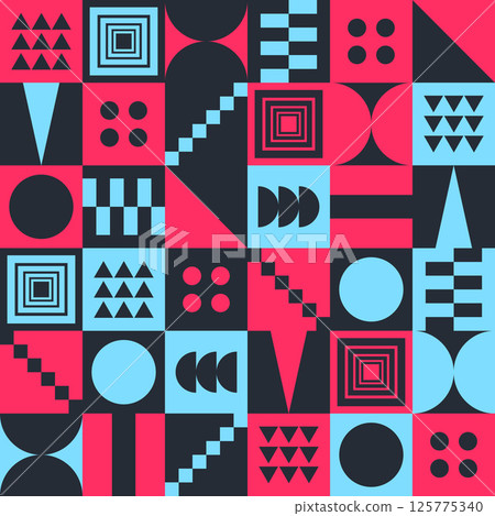 Abstract Geometric Background. Neo Geo Pattern. Abstract Pattern Trendy with Square and Round Colored. Neo Geo Seamless Pattern Design Can Be Used For Wrapping Paper, Packaging, Wallpaper, Cover, post 125775340