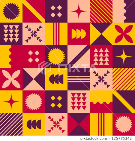 Abstract Geometric Background. Neo Geo Pattern. Abstract Pattern Trendy with Square and Round Colored. Neo Geo Seamless Pattern Design Can Be Used For Wrapping Paper, Packaging, Wallpaper, Cover, post Abstract Geometric Background. Neo Geo Pattern. Abstract Pattern Trendy with Square and Round Colored. Neo Geo Seamless Pattern Design Can Be Used For Wrapping Paper, Packaging, Wallpaper, Cover, post 125775342