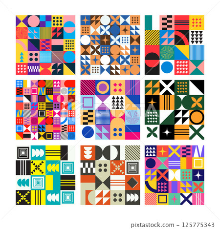 Abstract Geometric Background. Neo Geo Pattern. Abstract Pattern Trendy with Square and Round Colored. Neo Geo Seamless Pattern Design Can Be Used For Wrapping Paper, Packaging, Wallpaper, Cover, post Abstract Geometric Background. Neo Geo Pattern. Abstract Pattern Trendy with Square and Round Colored. Neo Geo Seamless Pattern Design Can Be Used For Wrapping Paper, Packaging, Wallpaper, Cover, post 125775343