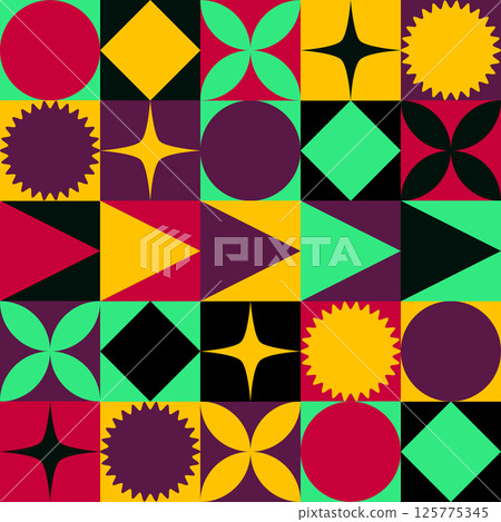 Abstract Geometric Background. Neo Geo Pattern. Abstract Pattern Trendy with Square and Round Colored. Neo Geo Seamless Pattern Design Can Be Used For Wrapping Paper, Packaging, Wallpaper, Cover, post 125775345