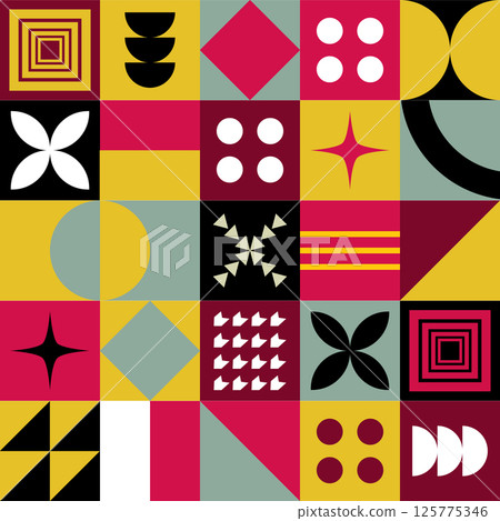 Abstract Geometric Background. Neo Geo Pattern. Abstract Pattern Trendy with Square and Round Colored. Neo Geo Seamless Pattern Design Can Be Used For Wrapping Paper, Packaging, Wallpaper, Cover, post 125775346