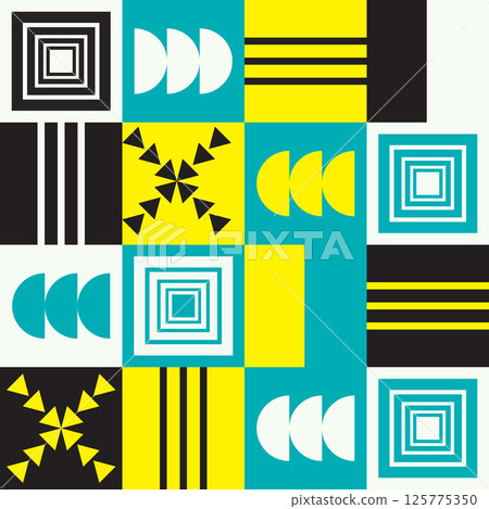 Abstract Geometric Background. Neo Geo Pattern. Abstract Pattern Trendy with Square and Round Colored. Neo Geo Seamless Pattern Design Can Be Used For Wrapping Paper, Packaging, Wallpaper, Cover, post 125775350