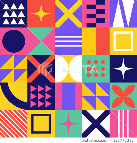 Abstract Geometric Background. Neo Geo Pattern. Abstract Pattern Trendy with Square and Round Colored. Neo Geo Seamless Pattern Design Can Be Used For Wrapping Paper, Packaging, Wallpaper, Cover, post Abstract Geometric Background. Neo Geo Pattern. Abstract Pattern Trendy with Square and Round Colored. Neo Geo Seamless Pattern Design Can Be Used For Wrapping Paper, Packaging, Wallpaper, Cover, post 125775352