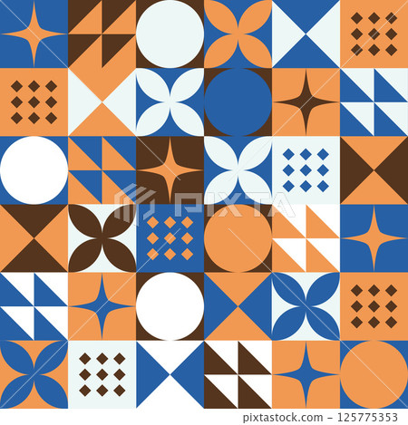 Abstract Geometric Background. Neo Geo Pattern. Abstract Pattern Trendy with Square and Round Colored. Neo Geo Seamless Pattern Design Can Be Used For Wrapping Paper, Packaging, Wallpaper, Cover, post 125775353