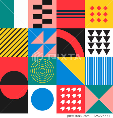 Abstract Geometric Background. Neo Geo Pattern. Abstract Pattern Trendy with Square and Round Colored. Neo Geo Seamless Pattern Design Can Be Used For Wrapping Paper, Packaging, Wallpaper, Cover, post Abstract Geometric Background. Neo Geo Pattern. Abstract Pattern Trendy with Square and Round Colored. Neo Geo Seamless Pattern Design Can Be Used For Wrapping Paper, Packaging, Wallpaper, Cover, post 125775357