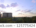 夕陽染紅的建築與森林 125775424