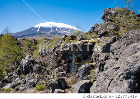 Snow-covered Mt. Asama and the strange rock formations of Onioshidashi Park Snow-covered Mt. Asama and the strange rock formations of Onioshidashi Park 125775439