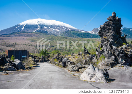Snow-covered Mt. Asama and the strange rock formations of Onioshidashi Park Snow-covered Mt. Asama and the strange rock formations of Onioshidashi Park 125775443
