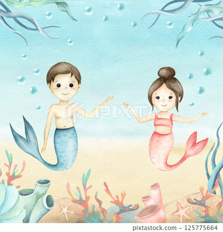 Mermaid little girl and boy cute characters against backdrop of underwater world. Watercolor children's illustration algae, coral, seashell, seaweed and bubbles. Hand drawn isolated frame, postcard 125775664
