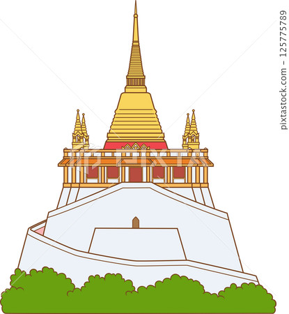 Illustration of The golden mountain, Wat Saket temple in Bangkok, Thailand. Illustration of The golden mountain, Wat Saket temple in Bangkok, Thailand. 125775789