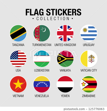 National Flags Of The World Stickers With Names. Circled Flags, Circular Design Stickers. 125776063