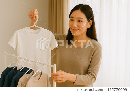 A young Japanese woman drying clothes indoors A young Japanese woman drying clothes indoors 125776099