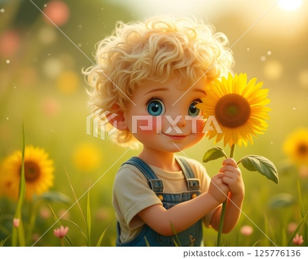 Child holds sunflower in a vibrant field during sunset, radiating joy and innocence 125776136