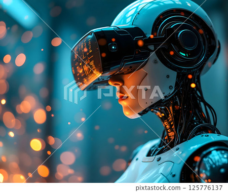 Futuristic robot exploring virtual reality with glowing lights in a high-tech environment 125776137