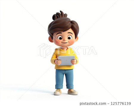 Young child enjoying a tablet device while wearing a yellow hoodie and blue jeans 125776139