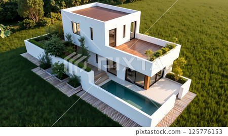 Modern architectural design of a house surrounded by greenery with a pool and wooden deck at sunset 125776153