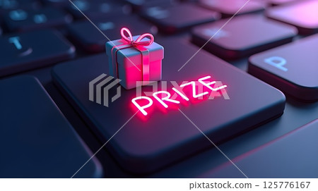 Prize on a keyboard symbolizes digital rewards in a modern context of gaming or online competitions Prize on a keyboard symbolizes digital rewards in a modern context of gaming or online competitions 125776167