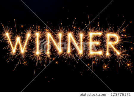 Celebration of success with sparkling fireworks creating the word winner in vibrant colors against a dark background Celebration of success with sparkling fireworks creating the word winner in vibrant colors against a dark background 125776171