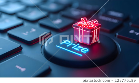 Gift box illuminated on a keyboard key marked prize enhances digital winning experience Gift box illuminated on a keyboard key marked prize enhances digital winning experience 125776189