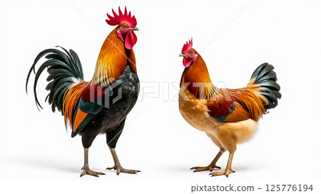 Two colorful roosters standing together in a bright setting showcasing their vibrant feathers and distinct appearances Two colorful roosters standing together in a bright setting showcasing their vibrant feathers and distinct appearances 125776194