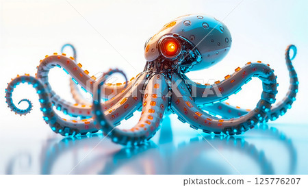 Robotic octopus with glowing features explores underwater world in vibrant colors 125776207