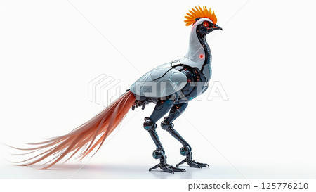 Futuristic robotic bird design showcasing a mix of technology and avian features in a minimalist setting Futuristic robotic bird design showcasing a mix of technology and avian features in a minimalist setting 125776210