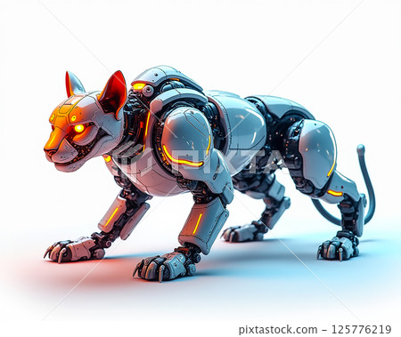 Futuristic robotic cat with glowing eyes in a sleek design on a neutral background Futuristic robotic cat with glowing eyes in a sleek design on a neutral background 125776219