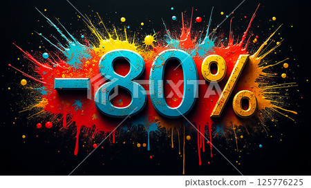 Bold percentage discount display with vibrant paint splashes on a dark background Bold percentage discount display with vibrant paint splashes on a dark background 125776225